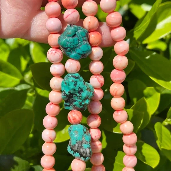 VINTAGE ANGEL SKIN CORAL &LARGE TURQUOISE BEADS LONG NECKLACE UNIQUE COLOR COMBO